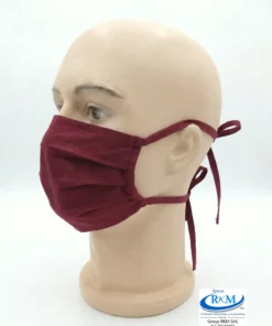 Mascarilla de tela plana con amarres en DRIL Rojo Guinda
