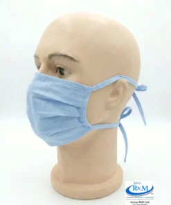 Mascarilla de tela plana con amarres en DRIL celeste Claro